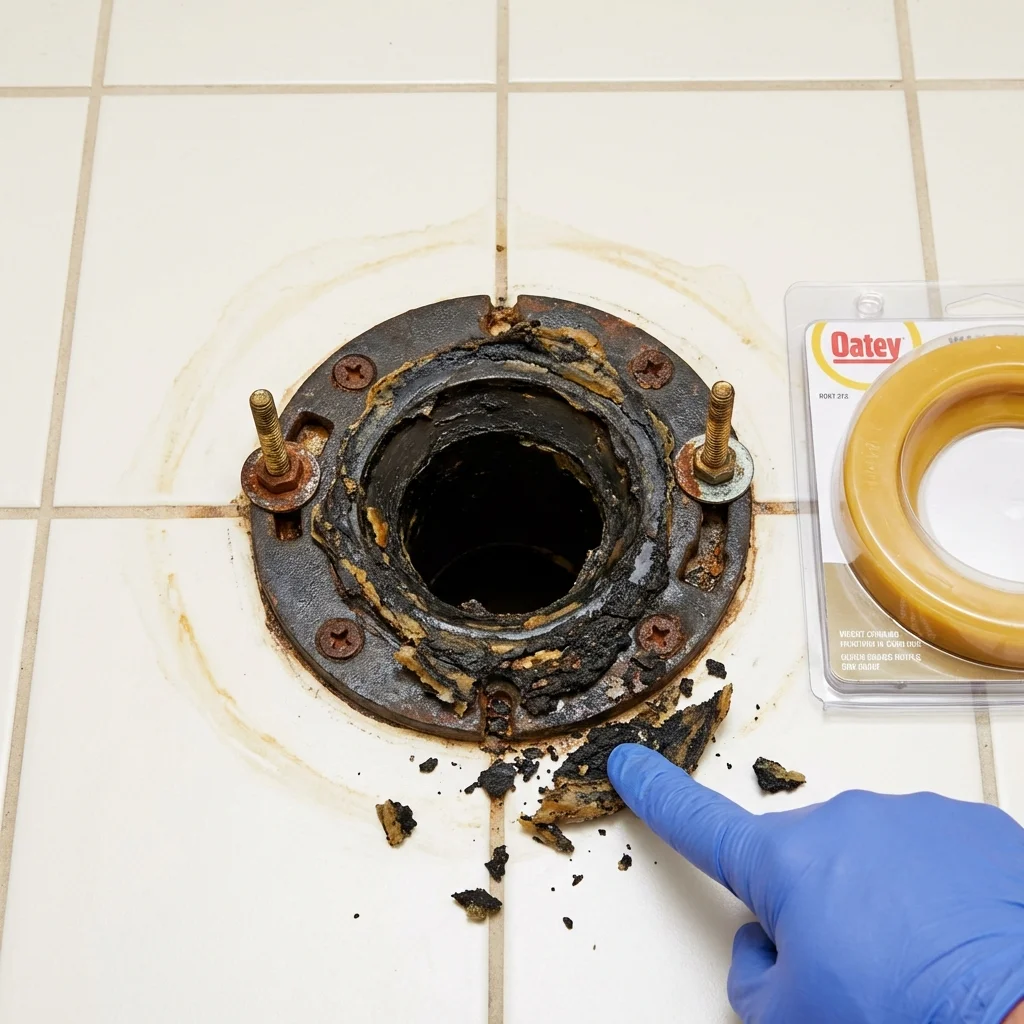 Failed wax ring showing water seepage at the base of a toilet in a Dublin, OH home