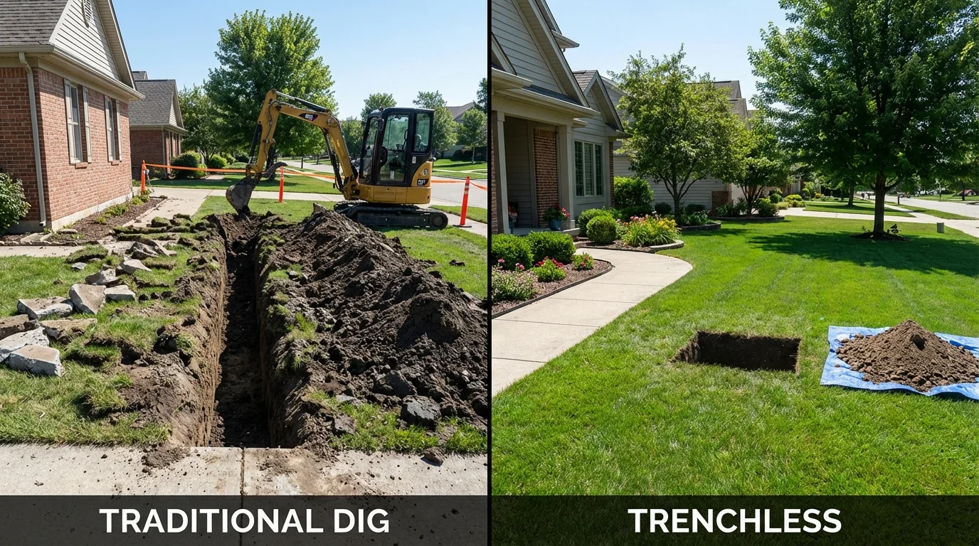Trenchless sewer repair with minimal yard damage versus traditional excavation in Dublin, OH