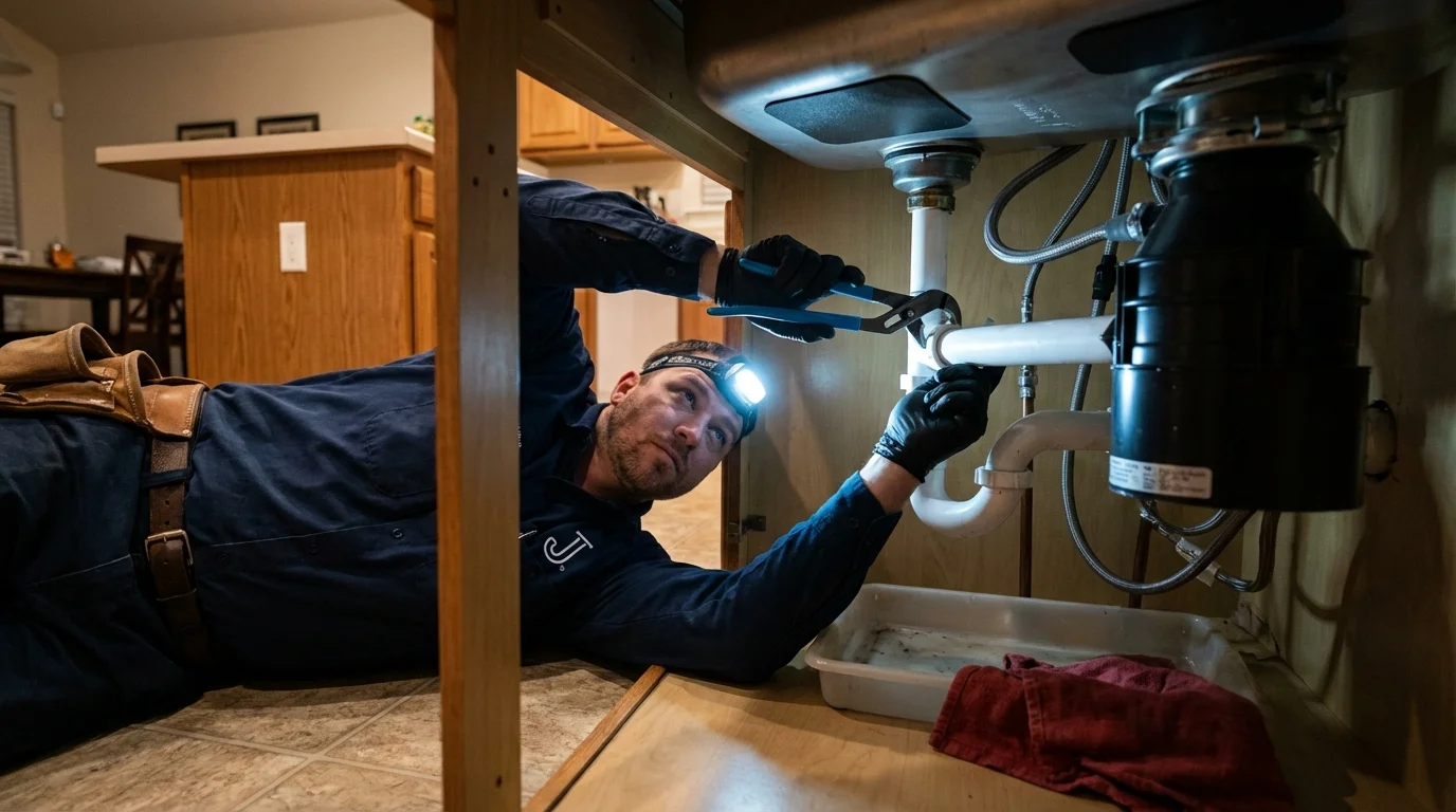 P-trap and supply line connections under a kitchen sink showing a common leak point in Dublin, OH